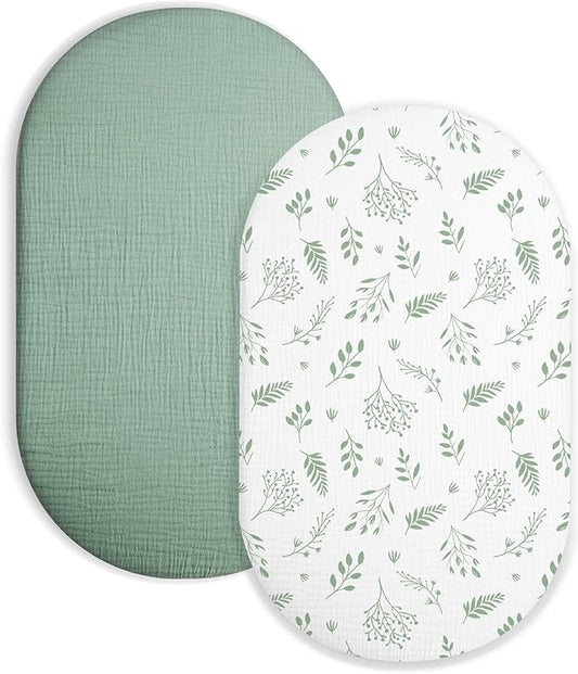 Bassinet Sheet for Baby Boy and Girl 2 Pack, Fitted Sheets for Rectangle, Oval, Hourglass Bassinet Mattress, Muslin Moses Basket Sheets with Neutral Style (Fern Leaf & Sage)-CubbioJoy