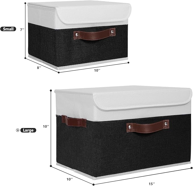 ANMINY 2PCS Storage Boxes with Lid Washable Decorative Storage Bins Basket with PU Leather Handle Foldable Linen Fabric Storage Cubes Containers for Home Closet Organizer - Black White, Large Size-CubbioJoy