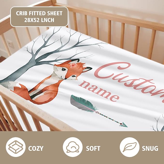 Custom Name Crib Bedding Set - Fox Theme, Personalized Nursery Bedding 3-Piece Set– Soft Blanket, Fitted Sheet, Changing Pad Cover – for Newborns Girls Nursery Gifts-CubbioJoy