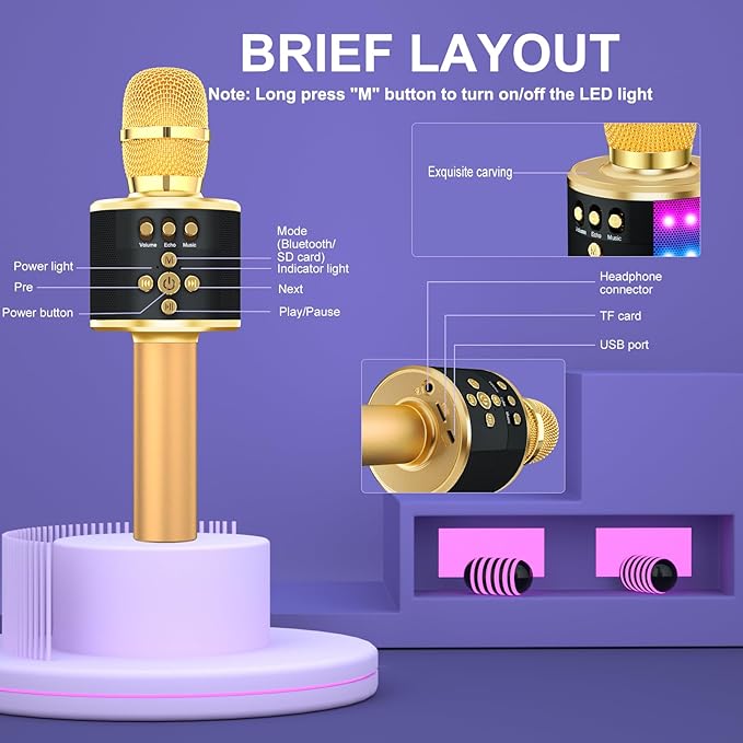 BONAOK Karaoke Microphone for Kids & Adults - Bluetooth Microphones Singing Mic with Disco Lights, Echo Effect, Built-in Speaker Portable Karaoke Player for Party Travel Gifts Q78(Gold)-CubbioJoy