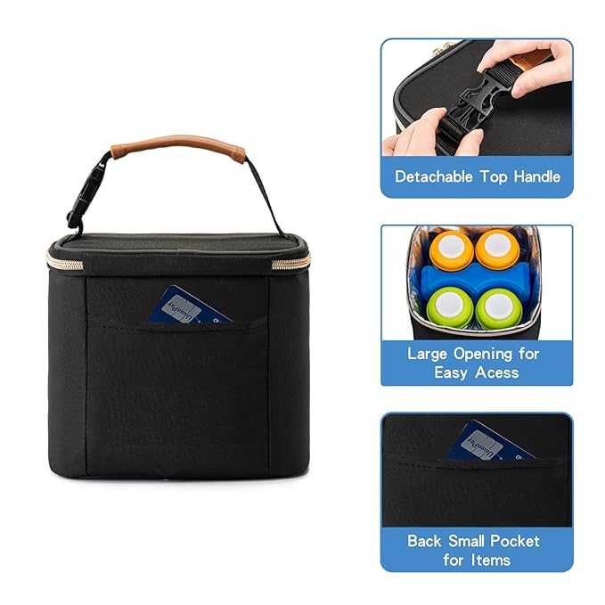 Insulated Bottle Bag with Ice Pack Fits 4 Large Baby Bottles Up to 5 Ounce, Cooler Bag Great for Nursing Mom Daycare-Black-CubbioJoy