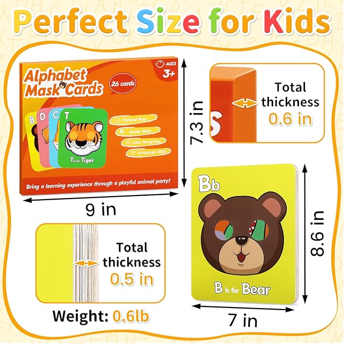 26 PCS Alphabet Mask Cards, Colorful Alphabet ABC Flash Cards with Animal Mask, Giant Letter ABC Animal Faces Flash Learning Flashcards-CubbioJoy