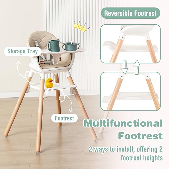BABY JOY High Chair, 6 in 1 Convertible Wooden Highchair for Babies & Toddlers with Adjustable Legs, Double Removable Tray, Safety Harness & Waterproof PU Cushion (Beige)-CubbioJoy