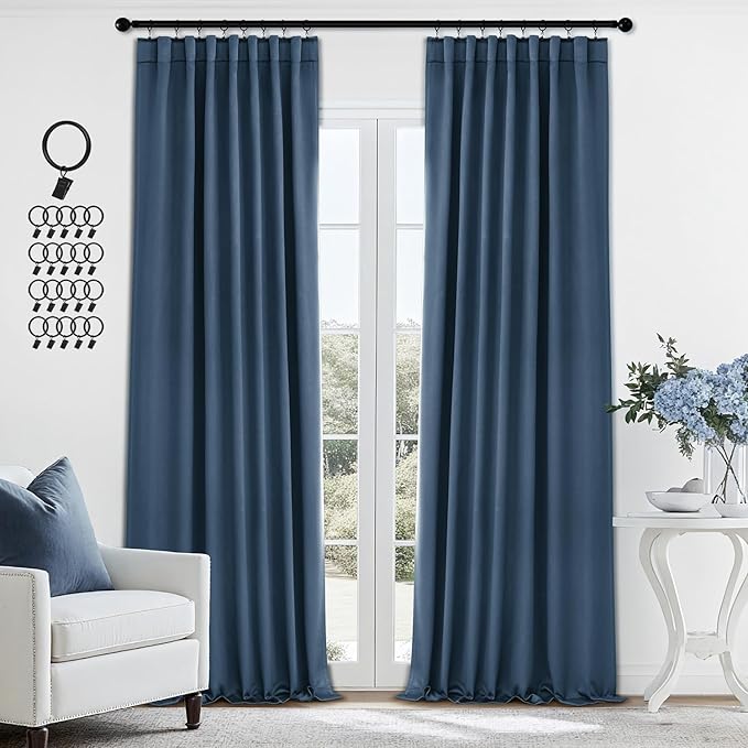 ANRODUO Back Tab Blackout Curtains for Bedroom Living Room, Rod Pocket Pinch Pleated Thermal Insulated Room Darkening Curtains 96 Inches Long 2 Panels, Stone Blue, 42 x 96 Inch-CubbioJoy