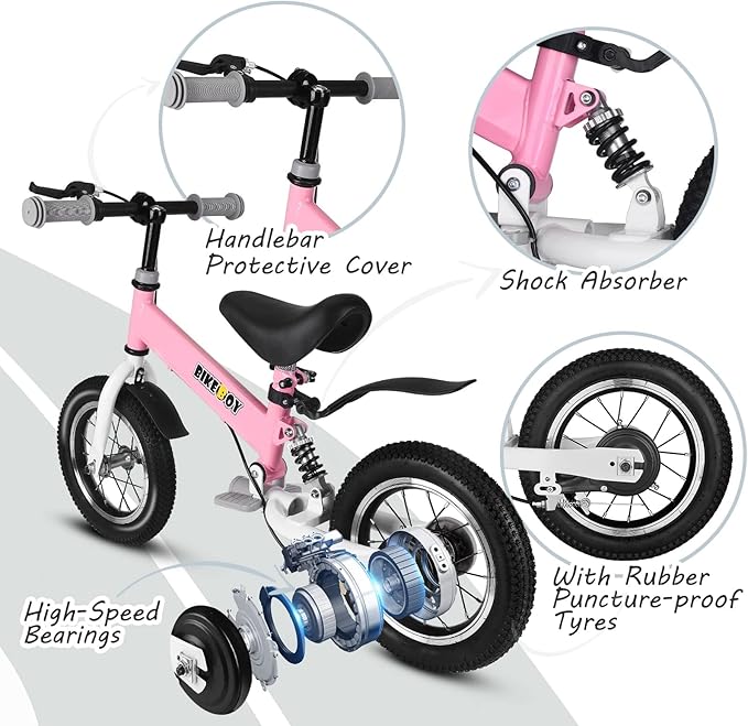 Balance Bike 2 in 1,The Dual Use of a Kids Balance Bike and Kids Bike,12 14 Inches for 2-6 Years Old,with Shock Absorbers, Fenders, Pedals, Auxiliary Wheels-CubbioJoy
