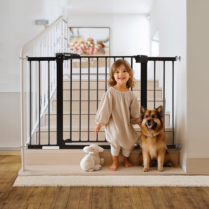Babelio Metal Baby Gate, 29-48" Auto Close Easy Install Pet Gate, Extra Wide Walk Thru Child Safety Gate, Pressure Mounted Dog Gate for Doorways and Stairs, with Y Spindle Rods, Black-CubbioJoy