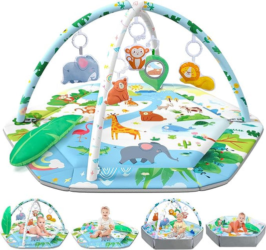 Baby Gym Play Mat, 8-in-1 Tummy Time Mat & Activity Gym Mat Ball Pit with Detachable Toys, Washable Infant Play Mat for Visual, Hearing, Sensory, Motor Development, Newborn Baby Toys Gift for Toddler 0-3-6-9-12 Months Easy to Install-CubbioJoy