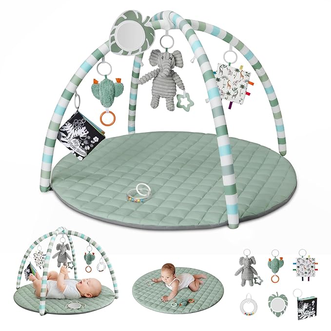 Blissful Diary Baby Play Gym Mat, Play Mat Activity Mat with 6 Detachable Toys for Stage-Based Sensory & Motor Skill Development, Easy to Install & Clean, Baby Essentials Gift, Sage Green-CubbioJoy
