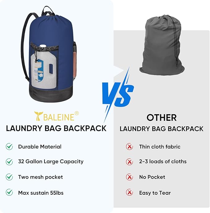 BALEINE 150L Laundry Bag Backpack, 900D Oxford Fabric Large Travel Laundry Bags with Shoulder Straps and 2 Mesh Pockets for College Dorm, Apartment, Laundromat (Navy, 150L)-CubbioJoy