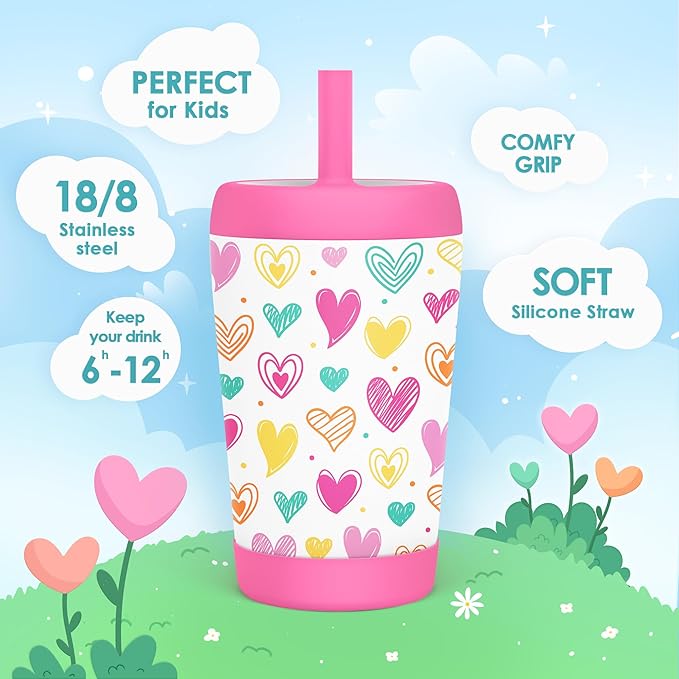 Kid Insulated Stainless Steel Tumbler with Silicone Straw, 12oz Sippy Cup for Kids (Playful Hearts)-CubbioJoy