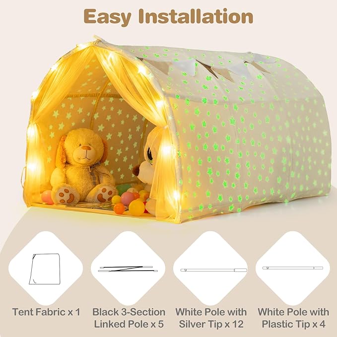 INFANS Kids Bed Tent with Glow in The Dark, Portable Children Playhouse Privacy Space Twin with Mat Star Light Double Net Curtain, Indoor Outdoor Princess Tents Castle for Boys Girls-CubbioJoy