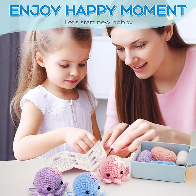 Crochet Kit for Beginners, Make 3 Amigurumi Crochet Animals with Step-by-Step Video Tutorials, Complete Starter Kit for Adults, Kids and Teens, Perfect DIY Craft Gift to Learn Crocheting-CubbioJoy