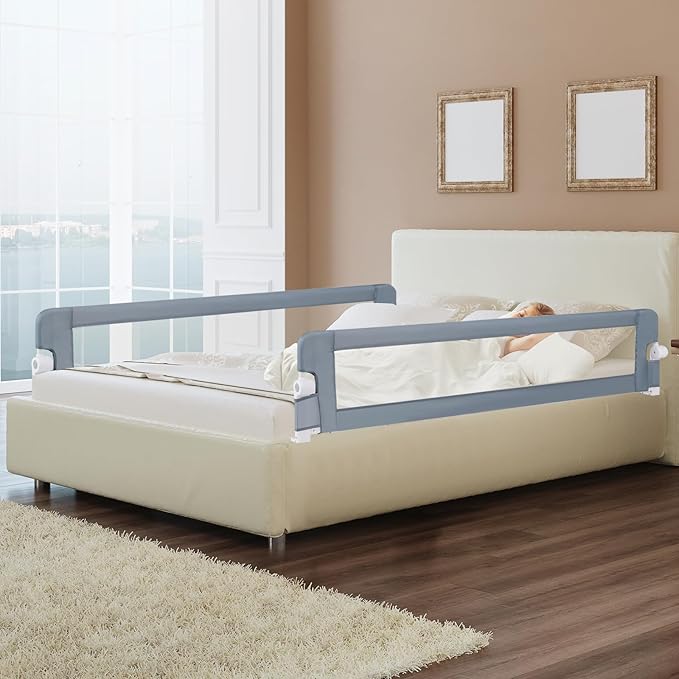BABY JOY Double Sided Bed Rail Guard, 2 Pack, Extra Long, Swing Down for Convertible Crib, Folding Baby Safety Bedrail for Kids Twin Full Size Queen King Mattress, Rails for Toddlers (Light Gray, 71")-CubbioJoy