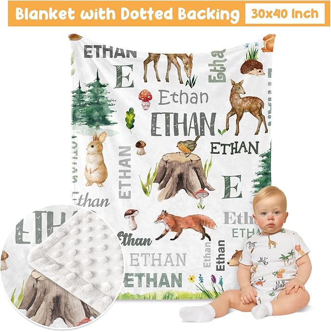 Custom Crib Bedding Set - Woodland Animals Design Personalized Name Baby Nursery Bed 3 Pcs Set - Chic Soft Blanket with Dotted Backing, Sheet, Pillowcase for Newborn Girls Boys Gifts Color13-CubbioJoy