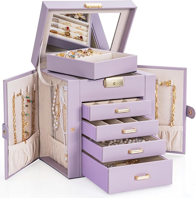 AKOZLIN 5-Tier Jewelry Box Leather Jewelry Storage Organizer with 4 Drawers Lockable for Women Girls Ring Necklace Earring Bracelet Watches Holder with Mirror Purple-CubbioJoy