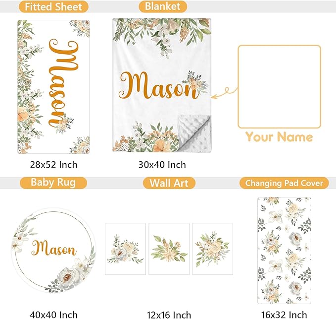 Custom Baby Crib Set - 5 Pcs Personalized Name Flowers Crib Bedding Set for Infants Toddlers - Soft Double Layer Nursery Bedding Set for Girls Boys - Customized Gifts for Baby Shower Birthday-CubbioJoy