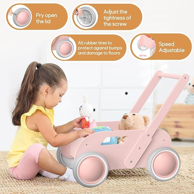 2025 HOMEKOL Wooden Baby Walker,Baby Push Walker, Adjustable Speed Baby Walker for Boys and Girls, Baby Activity Center, Gift for Birthday, Christmas and New Year Nature Pink-CubbioJoy