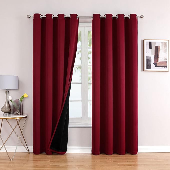 ChrisDowa 100% Blackout Curtains for Bedroom with Black Liner, 2 Thick Layers Total Blackout Thermal Insulated Grommet Window Curtains 2 Panels Set (Burgundy, 52 x 72 Inch)-CubbioJoy