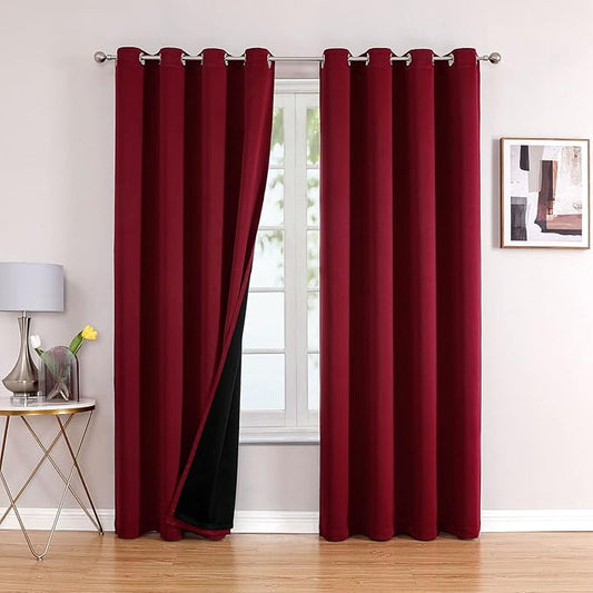 ChrisDowa 100% Blackout Curtains for Bedroom with Black Liner, 2 Thick Layers Total Blackout Thermal Insulated Grommet Window Curtains 2 Panels Set (Burgundy, 52 x 84 Inch)-CubbioJoy