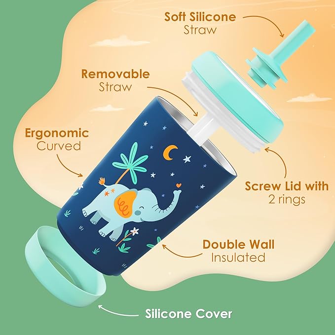 Kid Insulated Stainless Steel Tumbler with Silicone Straw, 12oz Sippy Cup for Kids (Dreamy Elephant)-CubbioJoy