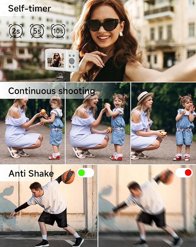 Digital Camera for Kids, FHD 1080P 44MP Point and Shoot Digital Camera with Face Detect, Smile Capture, 18X Zoom, 20 Filters, Anti Shake, 32GB SD Card White Compact Vintage Camera for Kids Boys Girls-CubbioJoy