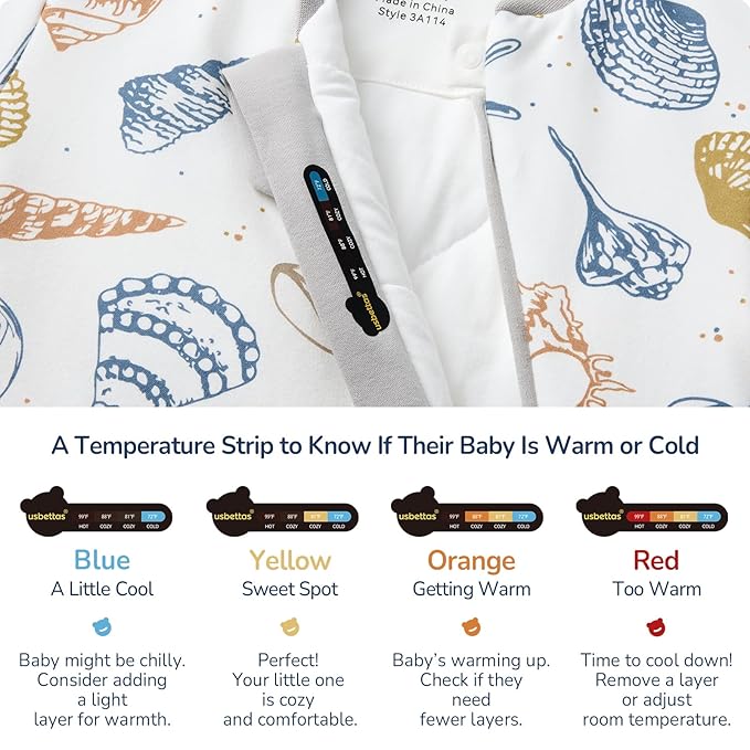 Baby Sleep Sack 3-6 Months, Cotton Detachable Long Sleeve Sleep Sack, 2.5 Tog Toddler Sleeping Sack with Temperature Strips, 2-Way Zipper Wearable Blankets for Newborns, Ocean-CubbioJoy