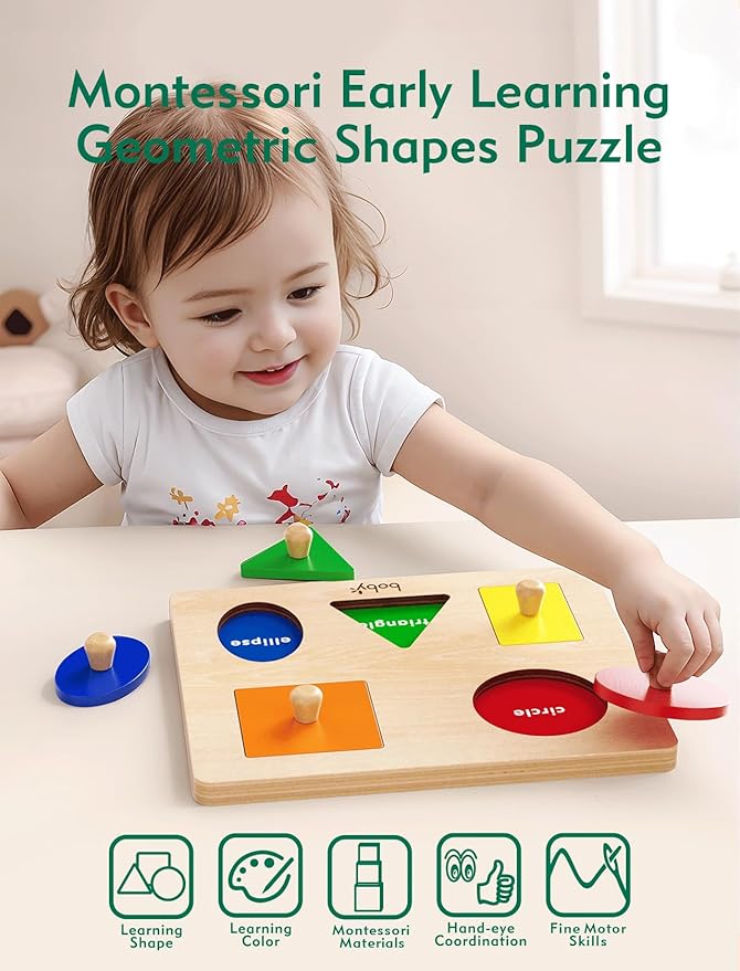 Boby Montessori Wooden Puzzle Board Knob Wooden Puzzle Geometric Shape Puzzle Early Education Material Sensorial Toy for Toddler Shape & Color Sorter (5 Geometry Shape)-CubbioJoy