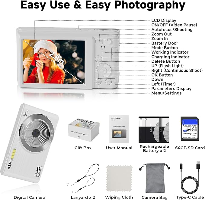 Digital Camera, 44MP 4K Auto Focus Point and Shoot Kids Video Camera with 64GB SD Card 2 Batteries 16X Digital Zoom Compact Portable Small Camera Gifts for Teens Kids Boys Girls(White)-CubbioJoy