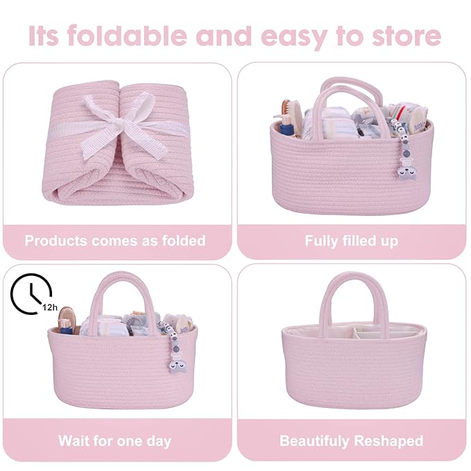 Baby Diaper Caddy Organizer for Girl Boy Rope Nursery Storage Bin Basket Portable Holder Tote Bag for Changing Table Car Travel Baby Shower Gifts Newborn Essentials Registry Must Have Items Pink-CubbioJoy