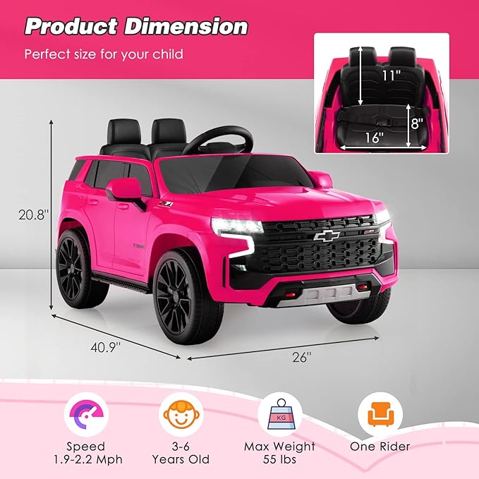 Costzon Ride on Car, 12V Licensed Chevrolet Tahoe Battery Powered Electric Vehicle w/ 2.4G Remote Control, High/Low Speed, Music, Lights, MP3/USB/FM, Spring Suspension, Electric SUV for Kids (Pink)-CubbioJoy
