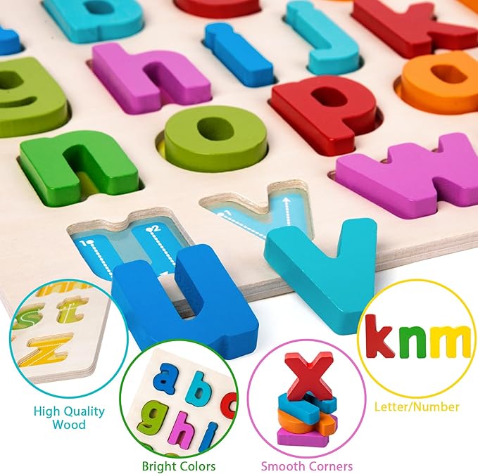 Alphabet Puzzle Wooden Puzzles for Toddlers 3 4 5 Year Old, ABC Puzzle Shape Alphabet Learning Puzzles Toys with Puzzle Board & Letter Blocks for Preschool Girls Boys Lowercase Letter Puzzle-CubbioJoy