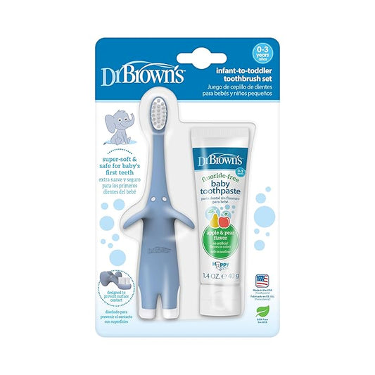 Dr. Brown's Infant-to-Toddler Training Toothbrush Set, Blue Elephant with Fluoride-Free Apple Pear Baby Toothpaste, 0-3 years-CubbioJoy