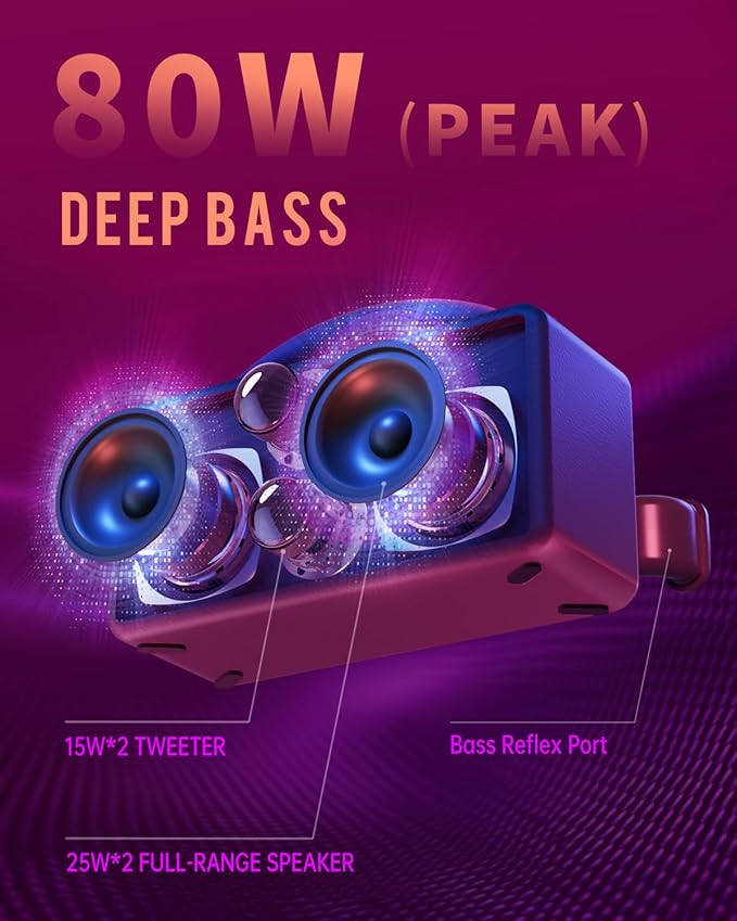 DINDIN Portable Bluetooth Speaker: 80W (Peak), 20H Playtime, Loud Wireless Wood Speakers with Bass, AUX and USB Input, Subwoofer, TWS Pairing, Vintage Speaker for Outdoor, Home, Office (Black)-CubbioJoy