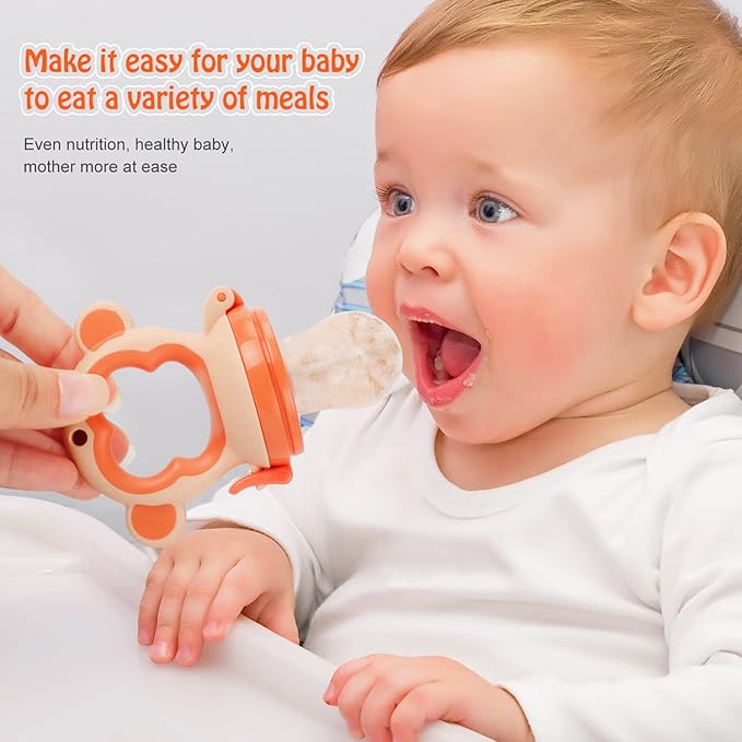 Baby Fresh Fruit Feeder Pacifier, 2 Pack HAOBAOBEI Baby Teether for Chewing, Freezable Infant Teething Toy, Teething Relief, Food Feeder with 4 Silicone Pouch, BPA Free - Monkey (Orange & Blue)-CubbioJoy