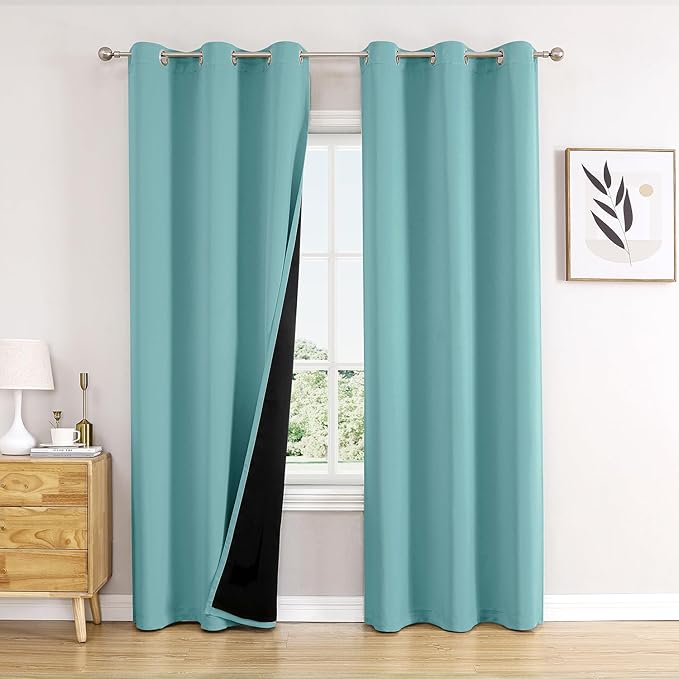 ChrisDowa 100% Blackout Curtains 78 inch Long for Bedroom with Black Liner, 2 Thick Layers Total Blackout Thermal Insulated Grommet Window Curtains 2 Panels Set (Aqua, 42 x 78 Inch)-CubbioJoy