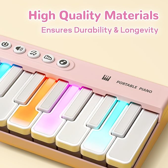 iPlay, iLearn Kids Mini Piano Toy W/Rainbow Lights, Portable Travel Piano Keyboard Toddlers Musical Instrument Learning Toys, Music Interactive Birthday Gift for 2 3 4 5 6 Year Old Girls Children-CubbioJoy