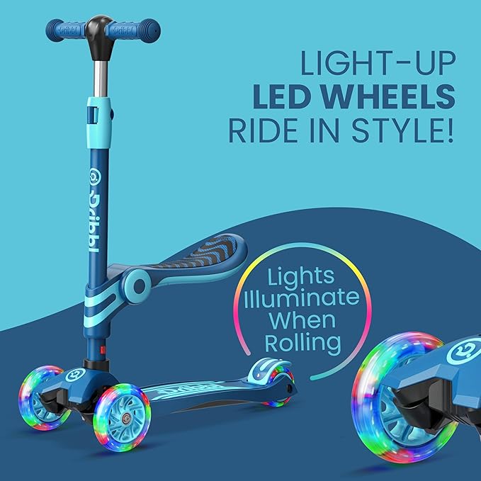 Blue 3 Wheel Scooter with Seat for Kids – Light-Up LED Wheels, Adjustable Handlebar and Seat, Smooth PU Wheels, Wide Anti-Slip Deck, Rear Foot Brake – Toddler Outdoor Toys for Ages 2+-CubbioJoy