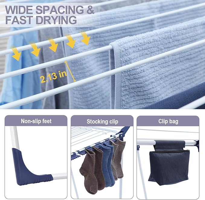 APEXCHASER Clothes Drying Rack Foldable, Drying Rack Clothing Large Space, Winged Laundry Rack with Sock Clips for Hanging Towels Clothes Dress Bedding Indoor Outdoor, White-CubbioJoy