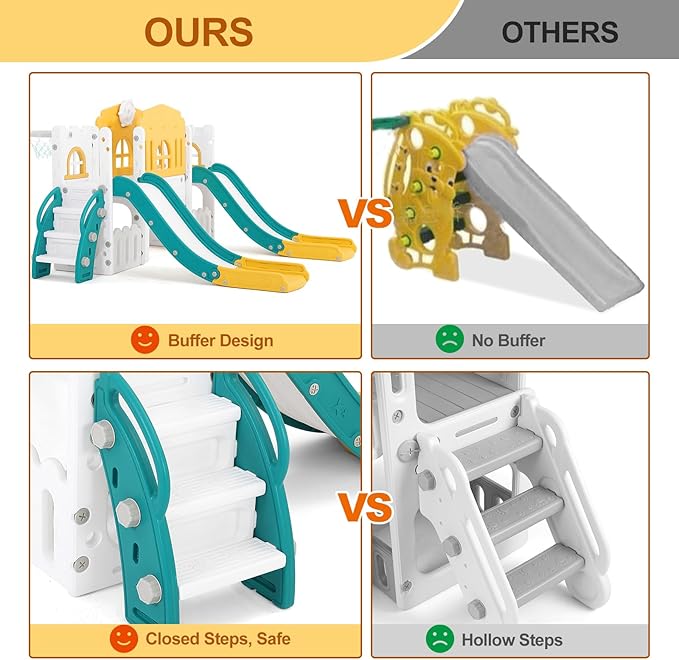 JOYLDIAS 9 in 1 Toddler Slide, Toddler Playground with Double Slides, Climber,Basketball Hoop,Tunnel, Telescope, Storage Space and Non-Slip Step, Indoor Outdoor Backyard Playset for Toddlers Age 1-3+-CubbioJoy