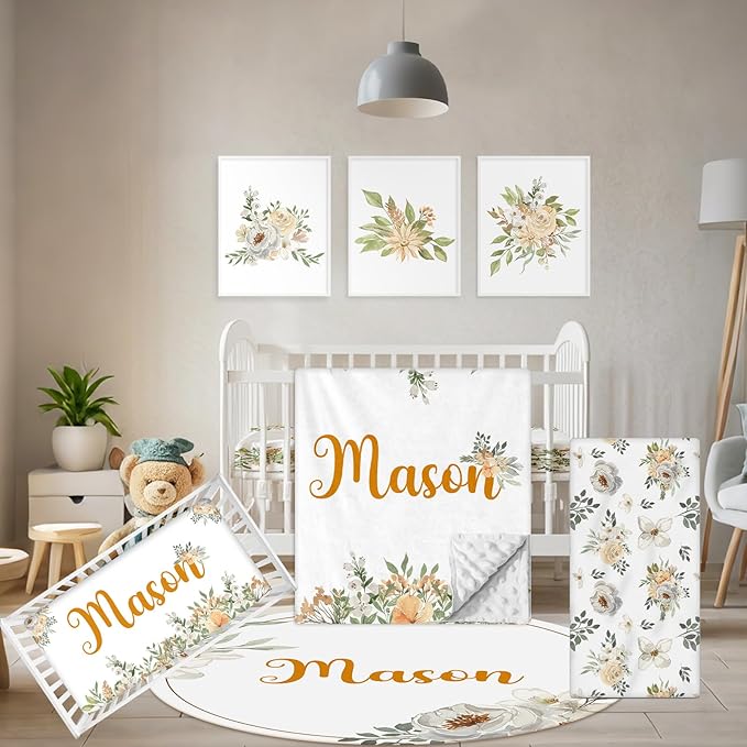 Custom Baby Crib Set - 5 Pcs Personalized Name Flowers Crib Bedding Set for Infants Toddlers - Soft Double Layer Nursery Bedding Set for Girls Boys - Customized Gifts for Baby Shower Birthday-CubbioJoy
