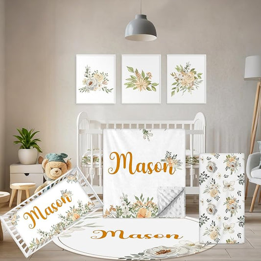 Custom Baby Crib Set - 5 Pcs Personalized Name Flowers Crib Bedding Set for Infants Toddlers - Soft Double Layer Nursery Bedding Set for Girls Boys - Customized Gifts for Baby Shower Birthday-CubbioJoy