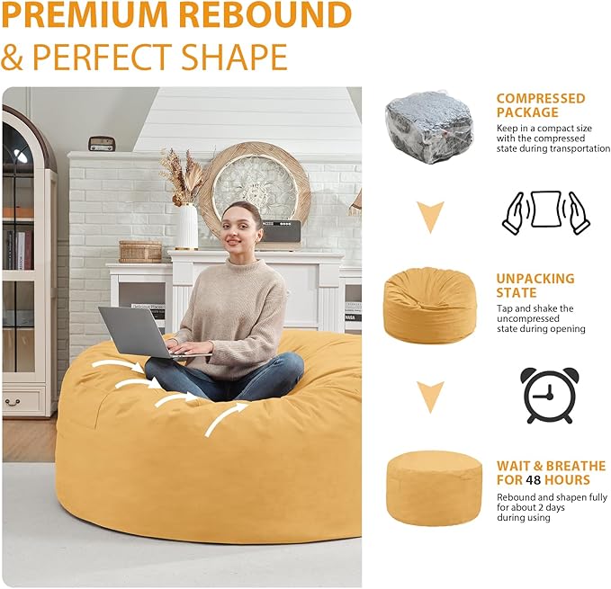 3FT Bean Bag Chair, Comfy Bean Bag Chairs with Memory Foam Filled, Fluffy Beanbag Sofa with Dutch Velvet Cover, Round BeanBag Chairs for Living Room, Playroom - Mustard-CubbioJoy