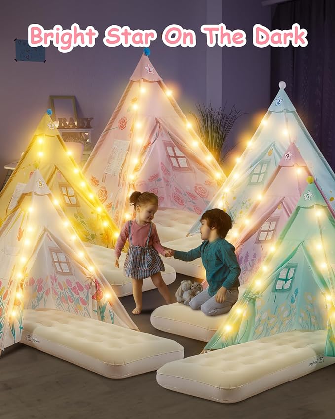 6 Pack Teepee Tent for Kids with Inflatable Airbed, Light, Toddler Tent Children Room Tents, Slumber Party Sleepover Tents, Indoor Outdoor Kids Playtent Playhouse for Girls & Boys-CubbioJoy