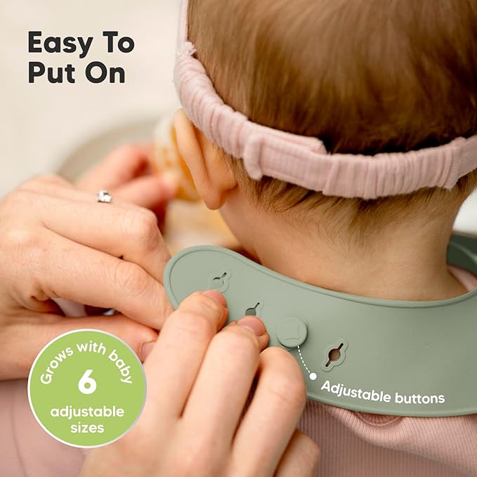 KeaBabies 2-Pack Silicone Baby Bibs for Eating - Sturdy Food-Grade Silicone Bibs for Babies Girl, Boy, Large Food Catcher, Clean & Put On Easily, Waterproof Toddler Feeding Essentials (Sage)-CubbioJoy