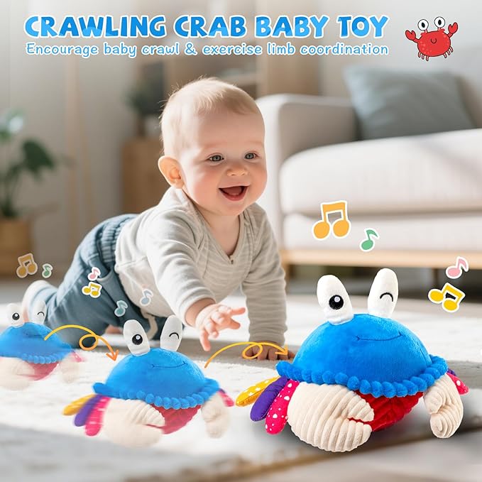 Baby Toys 12-18 Months, Musical Crawling Crab Plush Toy - 40 Songs & Recording Feature, Dancing Walking Moving Bouncing Tummy Time Toy, Sensory Toys for Toddlers 1-3, Birthday Gifts for Infants-CubbioJoy