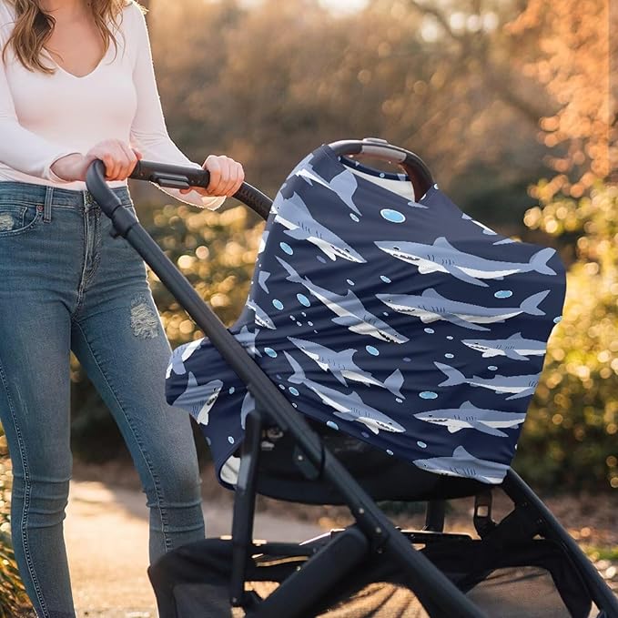 Binienty Cartoon Shark Print Car Seat Canopies for Baby Boys Girls, Women's Light Soft Nursing Cover Breastfeeding Scarf Breathable Stroller Cover for Sun and Windy-CubbioJoy