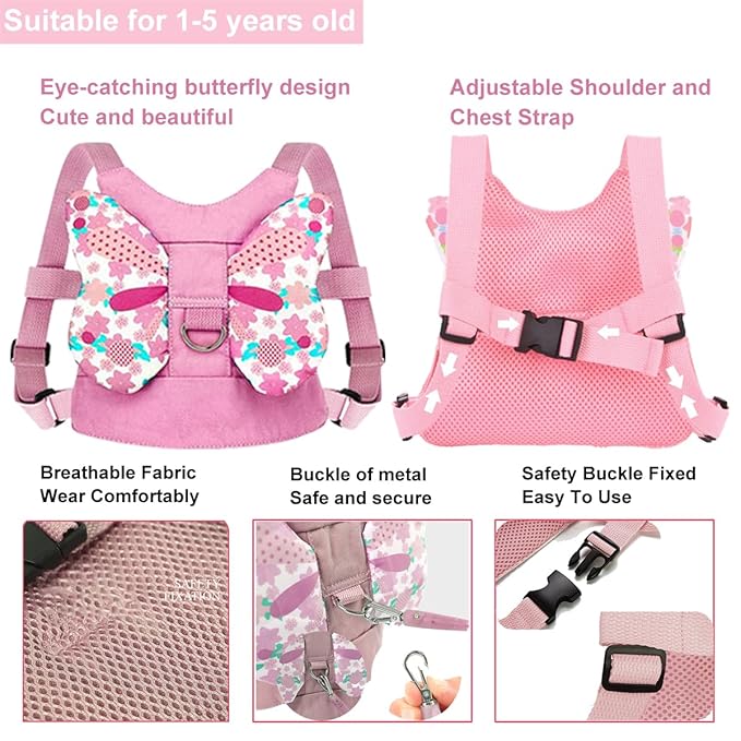 Anti Lost Toddler Harness - Butterfly Baby Leash and Wrist Link with Lock, Child Walking Harness Assistant for Girls, Cute Traction Safety Leash for Kids, Holiday Travel Christmas Gift, Pink-CubbioJoy