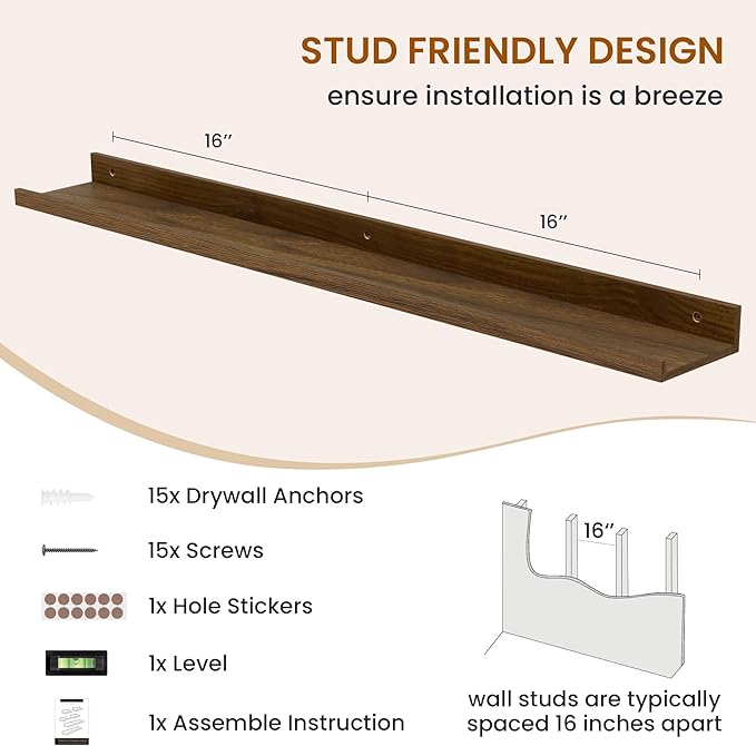 Axeman Picture Ledge Shelf, Floating Shelves for Wall Decor Storage Set of 6, 36 inch Floating Wall Mounted Shelves, Wall Shelves with Lip for Living Room, Bedroom, Nursery, Bathroom, Kitchen, Walnut-CubbioJoy