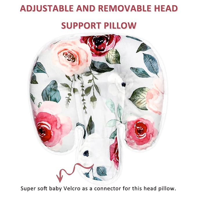 2 in 1 Infant Car Seat Insert, Car Seat Head Support Baby Girls Boys, Soft Newborn Carseat Insert Cushion, Perfect for Carseats, Strollers, Swings (Rose Flower)-CubbioJoy