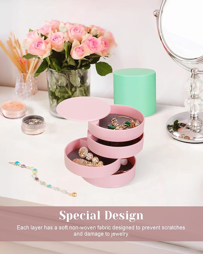 CONBOLA Jewelry Organizer, Small Jewelry Storage Box Earring Holder for Women, 4-Layer Rotating Travel Jewelry Tray Case with Lid for Bracelets Rings Bracelets, Gift for Women Teen Girls-CubbioJoy